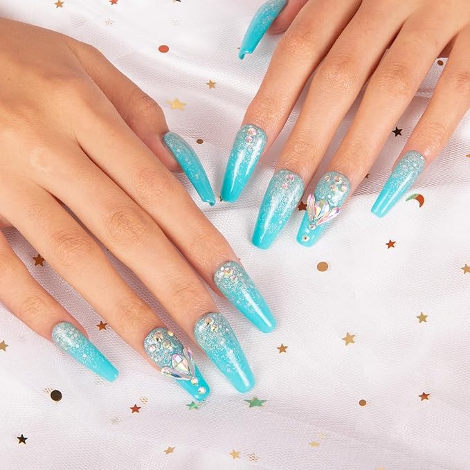 LOVFUL Press on Nails Clubbing Cinderella | Handmade with Full Covered Crystals | Reusable Fake Nails | Coffin Classic Regular 1.3 in | H25-S