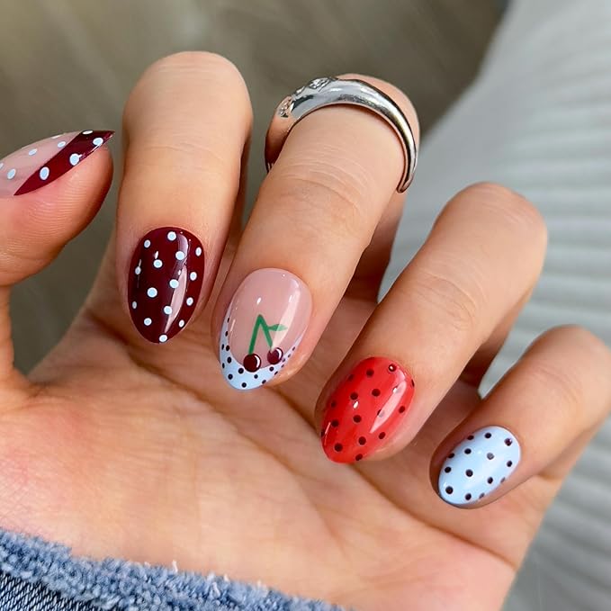 CurvLife Soft Gel Alomond Press On Nails, Long-Lasting Reusable Fake Nails Kit with Glue & Tabs, 30pcs Salon-Quality Stick On Nails for Women At-Home Manicure (Cherry Dots)