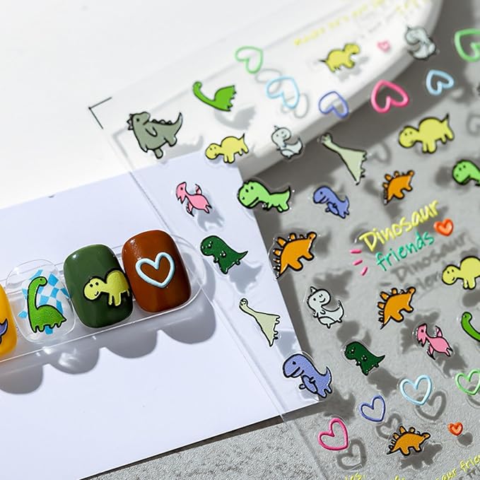 Dedyel Cute Nail Stickers 5D Embossed Cartoon Dinosaur Kawaii Animal Self-Adhesive Nail Decals for Women Girls Kids Nail Art Decoration