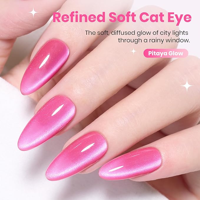 Beetles Pitaya Glow Pink Cat Eye Gel Nail Polish - 15ML Glitter Pink Cat Eye Spring Gel Polish Magnetic Shimmer Effect Soak Off UV Nail Art Design Salon DIY Manicure Gift for Women