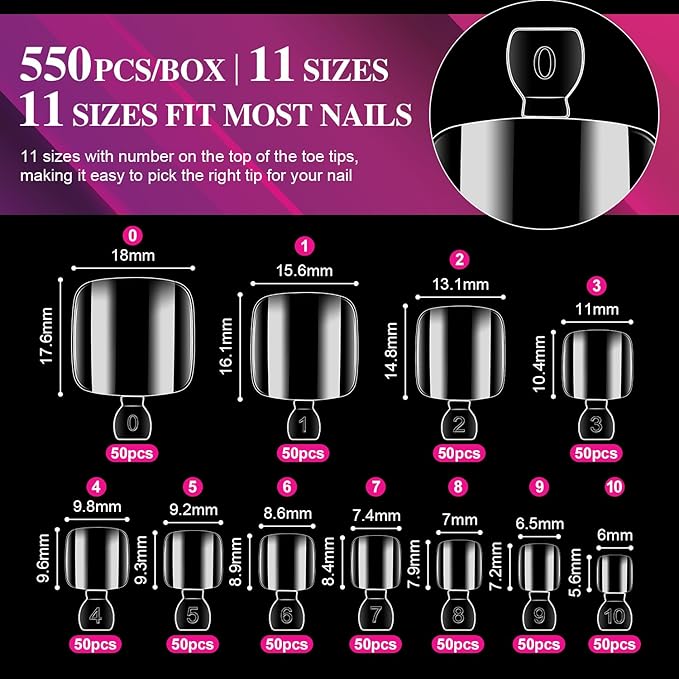 AIMEILI Fake Toenail Tips - 550pcs 10 Sizes Clear Full Cover Toe Art Nails Press on Artificial Fake Toe Nails Gel Nail Extensions for Foot Manicure Women Nail Salons and DIY