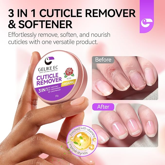 Gelike EC Nail Care Cuticle Softener: Organic Cuticle Remover Cream - Natural Moisturizer Nourish Balm - Rich Vitamin E Spa for Dry Skin - Rose Scent for Woman