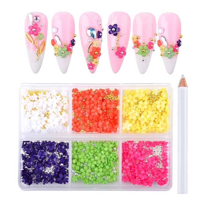 Mixed 3D Flower Nail Charms and Metal Caviar Beads, Acrylic Resin Flowers Nail Design Gold Silver Nail Ball Beads for DIY Decoration Nail Craft Accessories With Pickup Pencil（Style F)