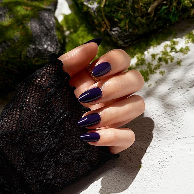 BTArtbox Press On Nails Almond - Dark Purple Short Press On Nails with Glue for Women, Opaque Soft Gel Glue On Nails in 16 Sizes - 32 Stick On Nails Kit, Storm Black