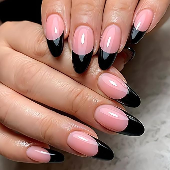 AddFavor French Tip Press on Nails Medium Almond Fake Nails, 120pcs Black French Tips Nails Glossy Nude Almond Nails Press ons Artificial False Nail with Adhesive Tab for Women Girls