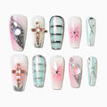 Sun&Beam Nails Handmade Press-on Medium Long Coffin Ballerina Pink Sliver Aurora Rhinestone Y2K Design False Nail Tips 10 Pcs (#137 XS)