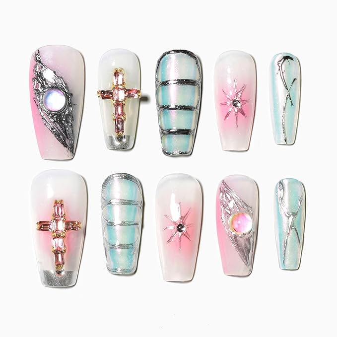 Sun&Beam Nails Handmade Press-on Medium Long Coffin Ballerina Pink Sliver Aurora Rhinestone Y2K Design False Nail Tips 10 Pcs (#137 XS)