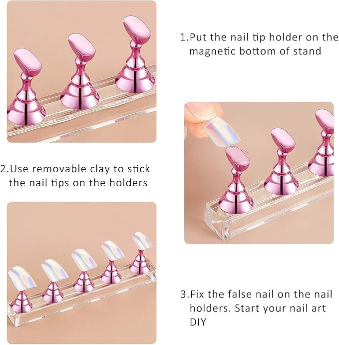 Blulu 2 Sets Nail Stand for Press on Acrylic Nails Display Practice Magnetic Fake Nail Holder for Painting Nails for False Fingernail Manicure Tool Home DIY Salon Supplies(Pink)