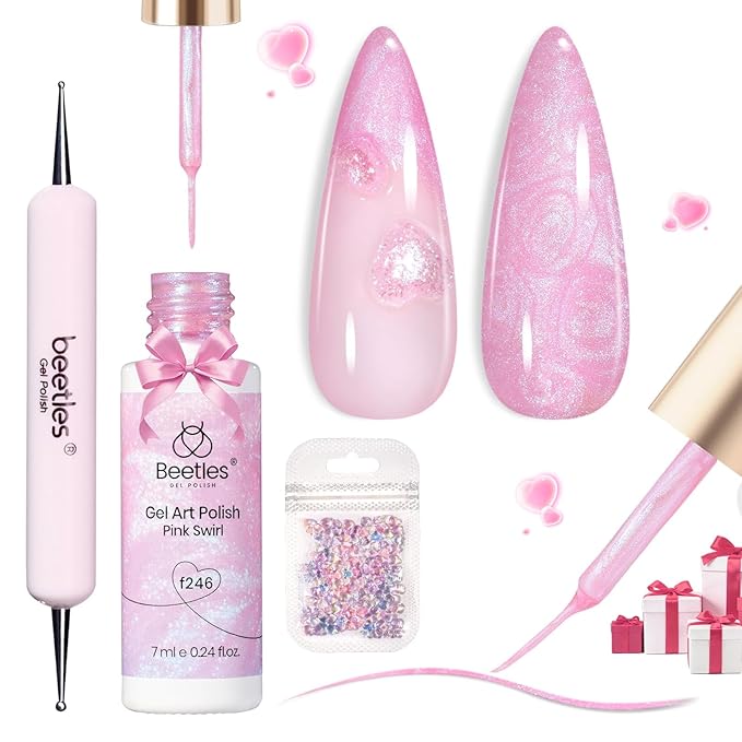 Beetles Pearl Pink Gel Nail Polish,Pearlescent Pink Mermaid Nail Drawing Gel Nail Art Polish Soak Off Uv Led Shimmer Liner Nails Art with Dotting Pen & Nails Charms Gift for Women