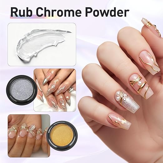 3D Sculpting Gel Kit – 2×20g Nail Art Gels with Dual Pens, Gold & Silver Chrome Powders, Brushes & Rhinestone Tray for DIY Nail Design at Home or Salon