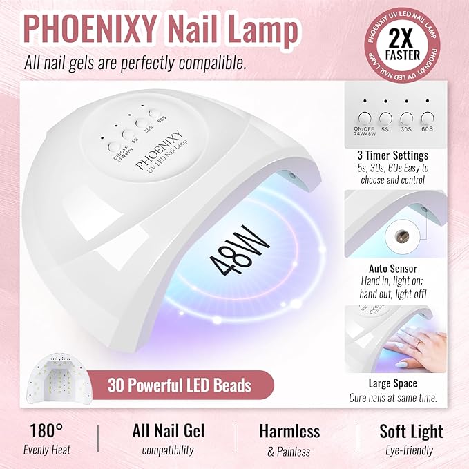 Phoenixy 71 Pcs Gel Nail Polish Kit with UV Light, 55 Color Nude Gel Nail Kit 5pcs Base Glitter Top Coat Nail Art Manicure Set for beginners with Everything DIY Gift for Women