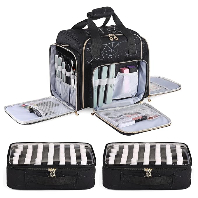 Nail Polish Organizer Case -Holds 70 Bottles (15ml-0.5 fl.oz) and 1 Nail Lamp -Nail Storage Organizer PU Leather with 2 Separate Nail Polish Holder and Manicure Tools Storage-Black