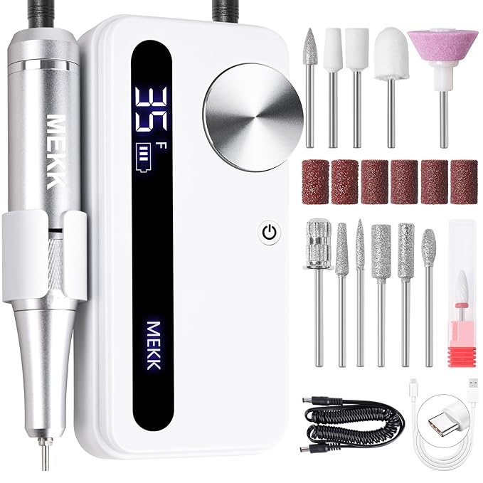 MEKK Nail Drill Kit,35000RPM Electric Nail Drill Professional Electric Nail File with 12PCS Bits,Anti-Shaking Cordless E Filer for Nails,Home & Salon(White)
