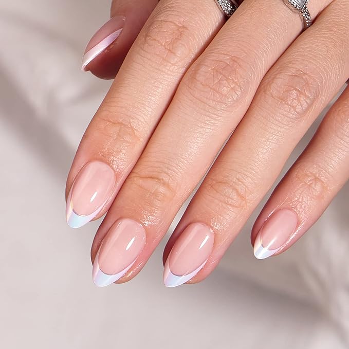BTArtbox French Tip Press On Nails - White Press On Nails Almond, Short Fake Nails with Nail Glue, Fit Perfectly & Natural Reusable Stick on Nails in 16 Sizes, Mermaid