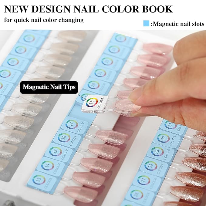 144 Magnetic Nail Color Book,Leather Magnetic Color Display Book with 144PCS Magnetic Tips & 1-240 Number Labels,Perfect for Nail Polish Nails Art Design(White)