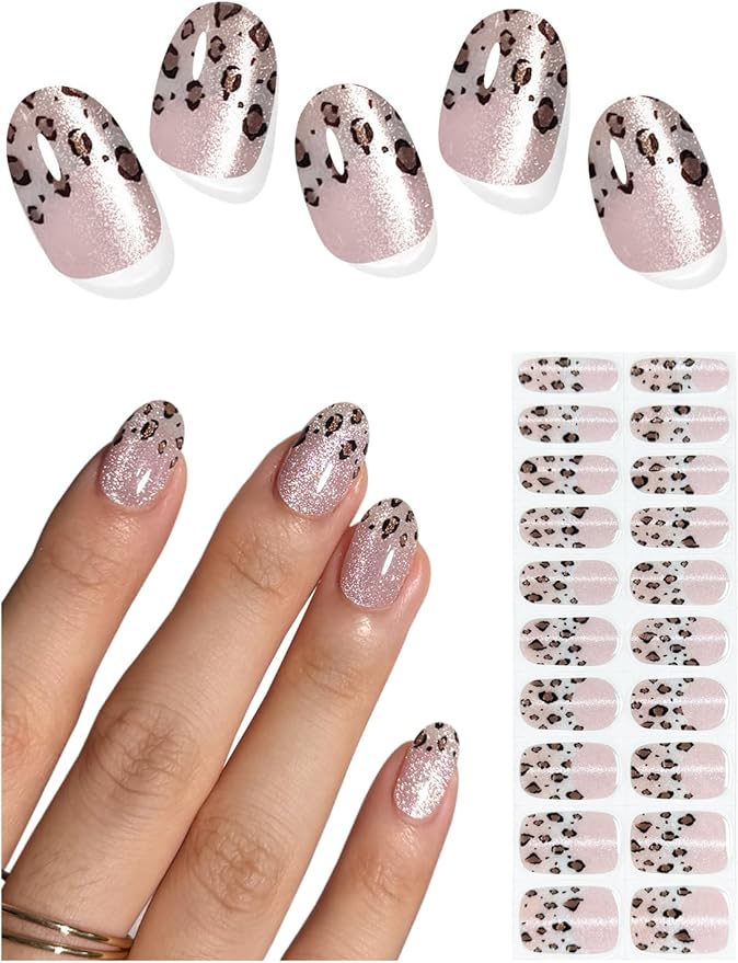 Semi Cured Gel Nail Strips (French Leopard Cat Eye), 20 Pcs Gel Nail Wraps, Stickers, Salon Quality, Works With Any UV Lamps