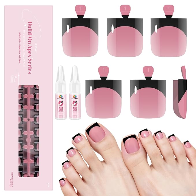 Toe Press On Nails French Tip, Toe Nail Tips EBANKU 150 Pcs Square Press On Toenails Pink Black Fake Toe Nail with Nail Glue for Women Nails DIY Salon Home 15 Sizes
