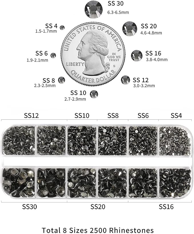 Beadsland Rhinestones for Makeup,8 Sizes 2500pcs Blackdiamond Flatback Rhinestones Eye Gems for Nails Crafts with Tweezers and Wax Pencil,Blackdiamond,SS4-SS30