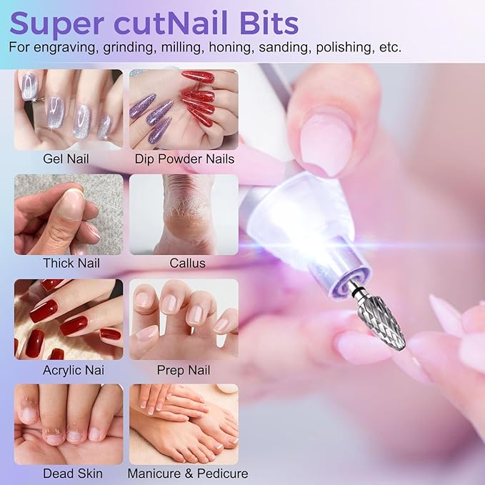Fantexy 3/32" Carbide Nail Drill Bit - Remove Acrylic Hard Gels Quickly and Safely,Professional Cone Tungsten Drill Bits Set Nail File Acrylic for Manicure,Pedicure,Cuticle Cleaner (Extra Coarse - XC)