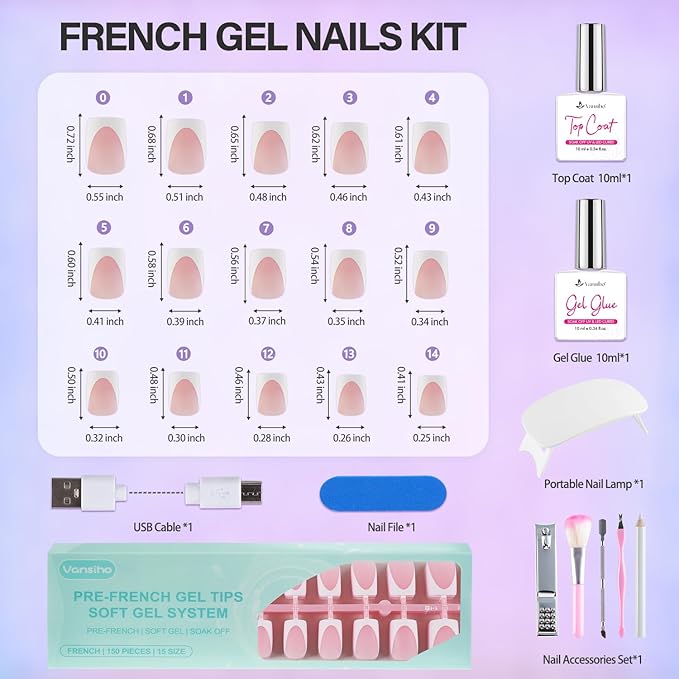 Vansiho Pink Deep French Gel Nails Kit - Short Square French Tip Press on Nails, Nail Gel, Top Coat and Nail Lamp for Gift and Nail Art DIY