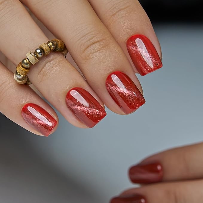 Curvlife Press On Nails Short Square Orange Red - Galaxy Cat Eye Press on Nails with Glue, Bright Orange-Red Magnetic Glitter Glossy Fake Nails Long Lasting False Nail Tips for Women