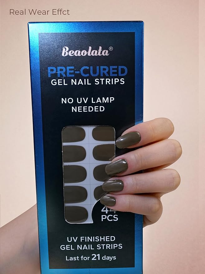 Real Gel Nail Strips (No UV Light Needed) - 44Pcs Salon Quality Nail Stickers - Long Lasting Polish Wraps for Women, Easy Apply & Remove (Fern Brown)