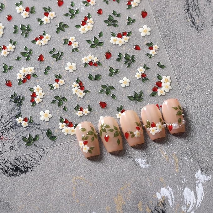 1 Sheets White Flower Nail Stickers for Nail Art Spring Flowers Nail Art Stickers 5d Embossed Floral Nail Decals Self-Adhesive Green Leaf Nail Designs Supplies for Women Girls Manicure Decor
