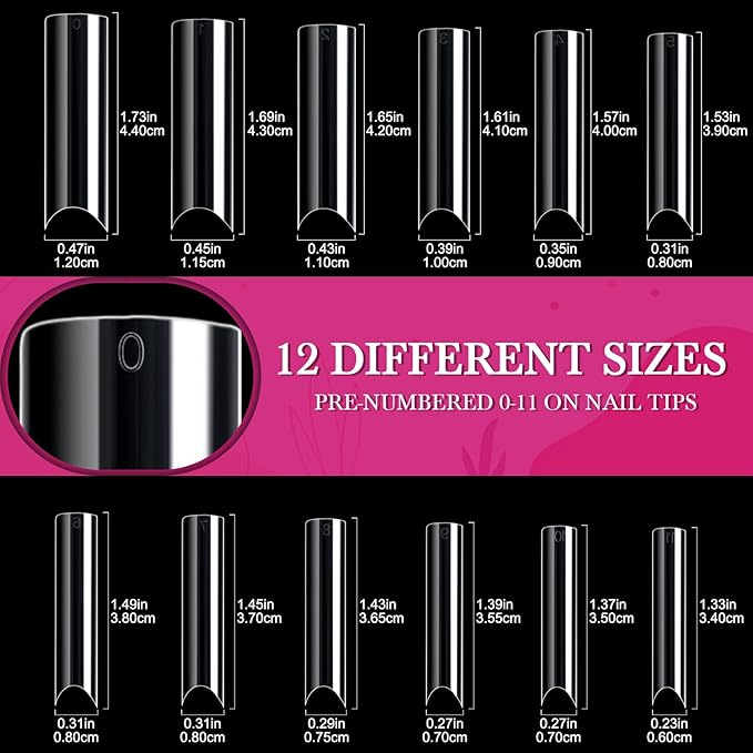 Ranrose 120PCS Extra Long Nail Tips,XXL Super Long Half Cover Deep C Curve False Nails 12 Sizes Tapered Square Press on Nails with Box
