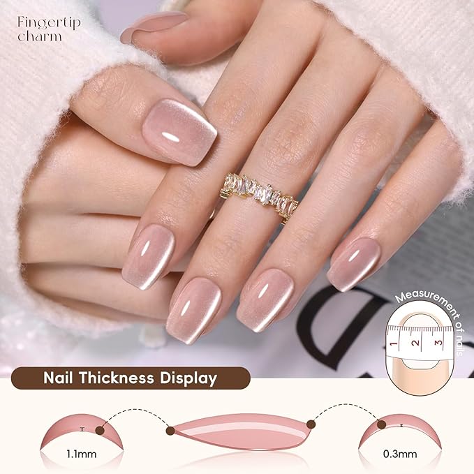 Brown Cat Eye Press on Nails Short Square,Glossy Glass Fake Nail Kit Neutral Nude Chocolate Brown False Nails Winter Fall Nails with Mirror Metallic Silver Nail Stickers,150pcs 15 Sizes