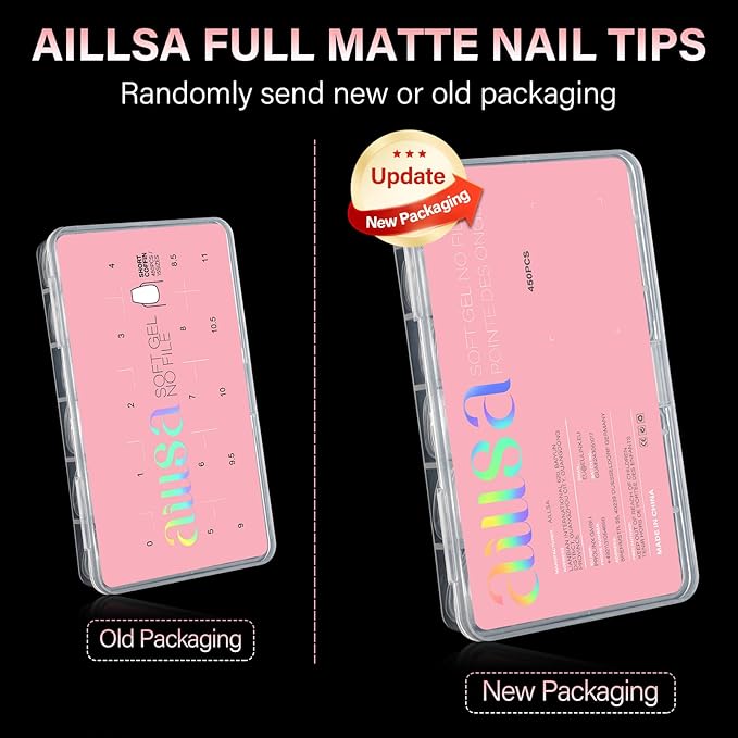 AILLSA Short Coffin Nail Tips 450PCS Full cover Double-sided Matte Gel Nail Tips Adhesion Pre-Shaped Press on Nails Tips for Home DIY Nail Arts Salon 15 Sizes