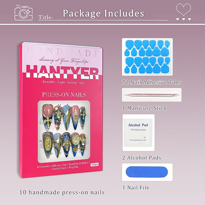 10pcs Vintage Press on Nails with Tools Kit, Long Stiletto Glossy Blue Marble Nails, Gold Cross & Star Charms with 3D Hand-Painted Lines on Nails, Reusable & Easy Apply for Galas (Size M)