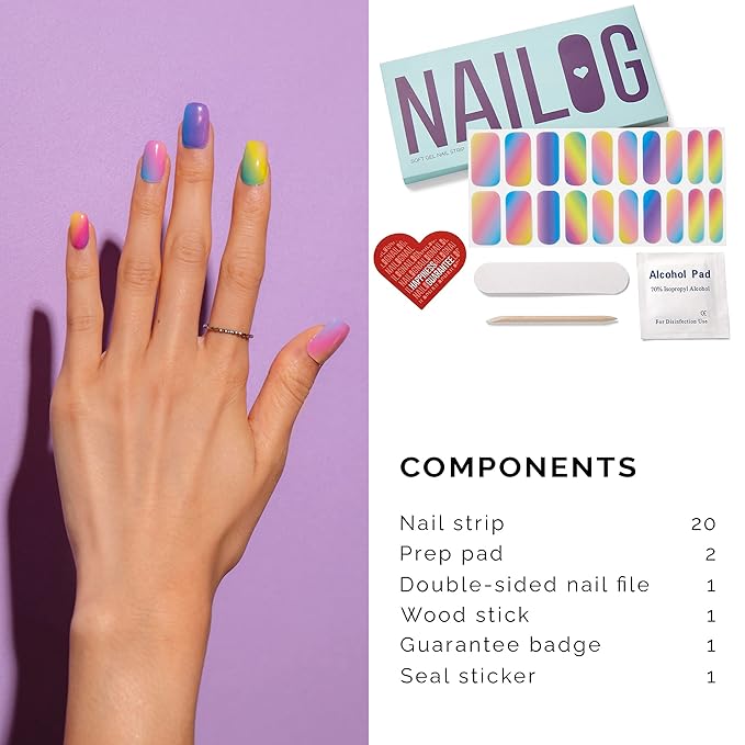 NAILOG Semi Cured Gel Nail Strips for Spring (20 Extra Long Polish Stickers/Wraps) │ Glossy & Long Lasting Soft Gel Finishing (Rainbow)