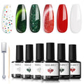 modelones Gel Nail Polish Set, 6 Colors White Red Dark Green 9D Cat Eye Gel Polish Gold Stars Ornament Glitter Nail Polish with Stickers & Magnet & Wooden Stick LED Mani DIY Gift