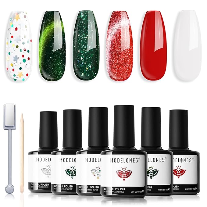 modelones Gel Nail Polish Set, 6 Colors White Red Dark Green 9D Cat Eye Gel Polish Gold Stars Ornament Glitter Nail Polish with Stickers & Magnet & Wooden Stick LED Mani DIY Gift