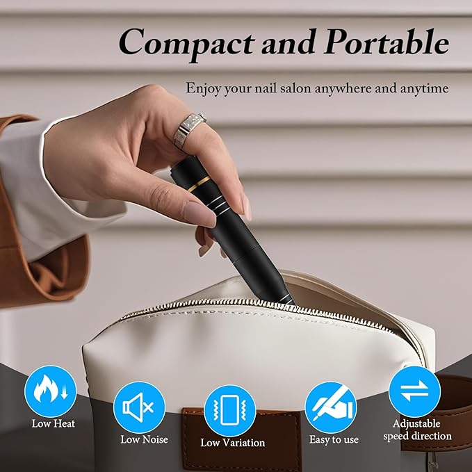 Electric Nail Drill, Ultra-Quiet Low Vibration Electric Nail File, Portable Electric Nail File for Crystal Gel Nails, Manicure and Pedicure Tools Polishing Set for Home and Salon Use(Dark Black)