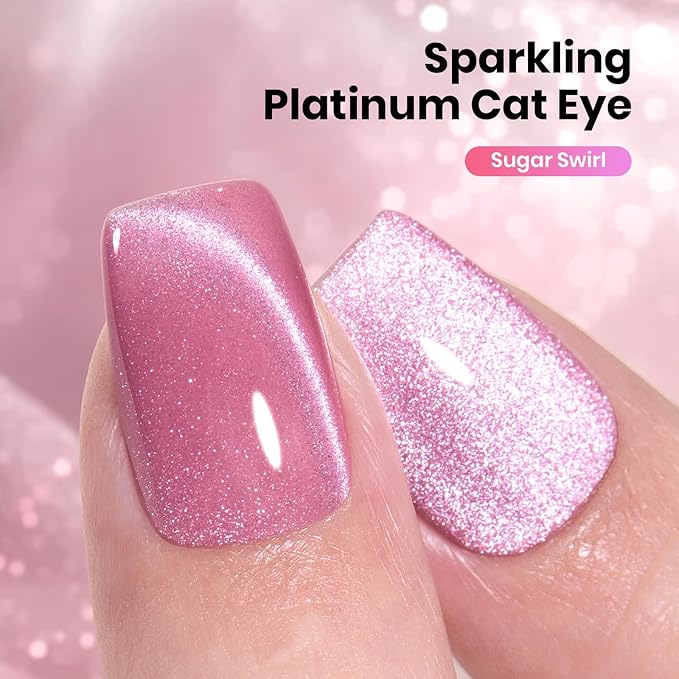 Beetles Sugar Swirl Pink Cat Eye Gel Nail Polish - 15ML Pink Cat Eye Valentines Gel Polish Glitter Magnetic Translucent Glassy Effect Soak Off UV French Nail Art Manicure Gifts for Wome