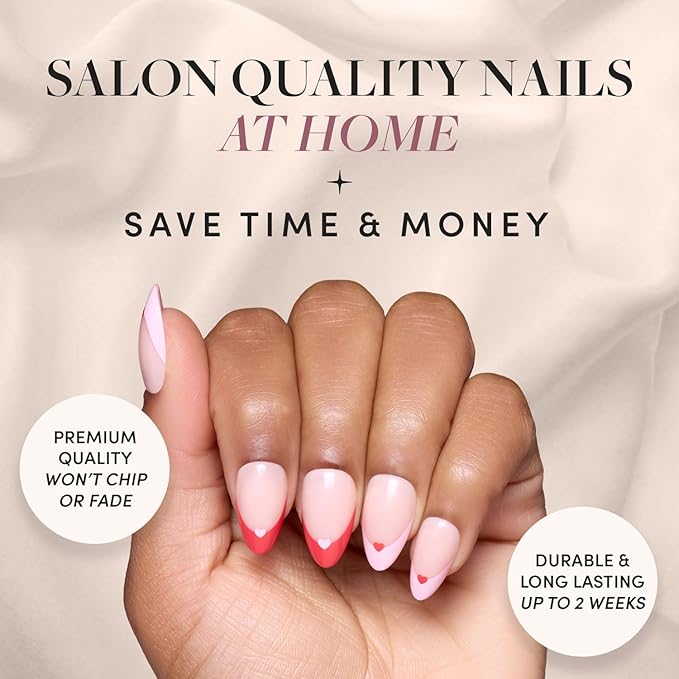 Valentines Day Glamnetic Press On Nails - Pure Hearted | Glossy, Semi-Transparent Short Almond Nails with Heart Accents, Salon Quality | 15 Sizes - 30 Nail Kit with Glue