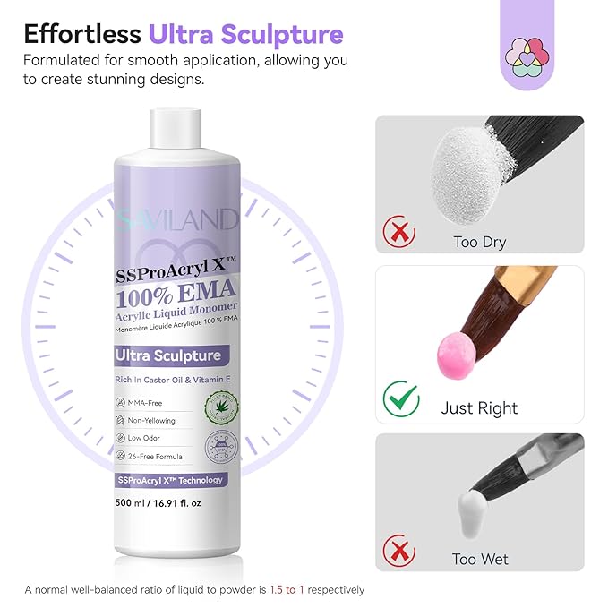 SAVILAND SSPro X Pure EMA Monomer Acrylic Nail Liquid: 500 ml 16.91 fl. oz Acrylic Liquid Low Odor Non-Yellowing Nail Monomer for Acrylic Powder Nail Extension DIY Home