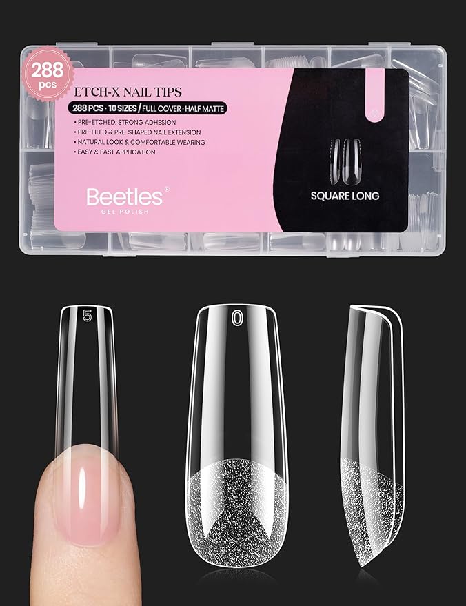 Beetles Gel Nail Tips Long Square 10 Sizes, 288Pcs Pre Shaped Half Matte Press On Nails Gelly Tips False Nails for Gel Nail DIY Art Nail Extensions Acrylic Nails Gift