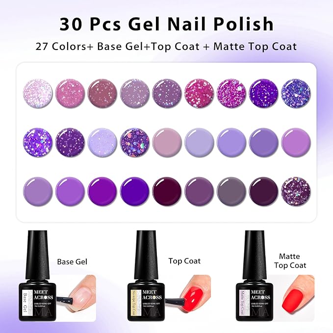 MEET ACROSS 27PCS Gel Nail Polish Set,27 Colors Gel Nail Kit Art Design Soak Off UV LED,Nail Art Design Gifts for Women