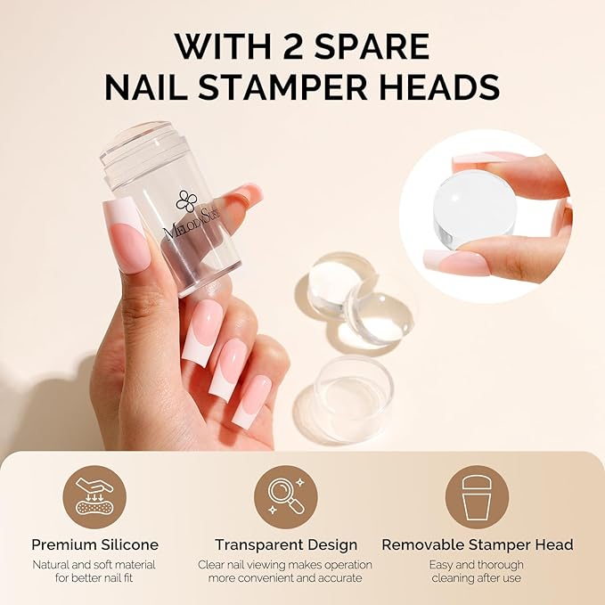 MelodySusie Nail Stamper Kit, Silicone French Tip Stamp Tool, 1PC Stamper, 1PC Scraper, 2PCS Stamping Plates, 2PCS Silicone Replaceable Heads for DIY Home French Manicure & Salon Art, Transparent