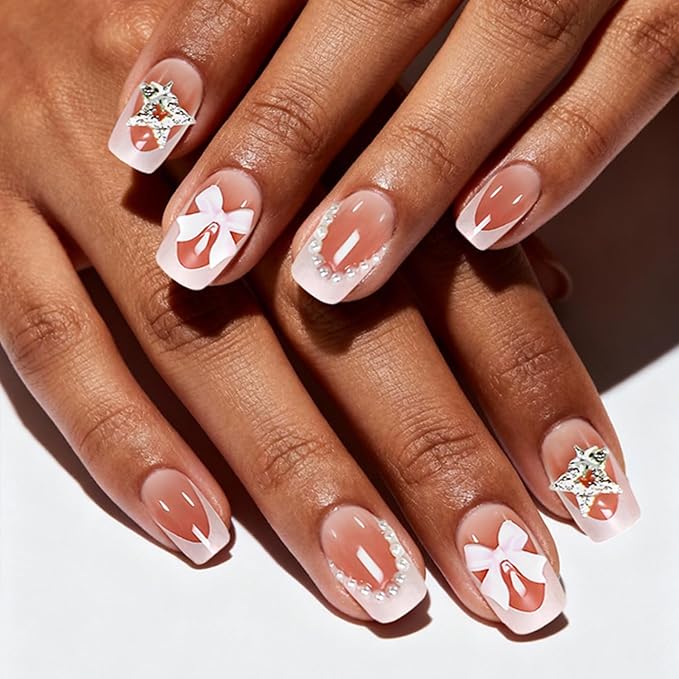6 Packs (144 Pcs) | Reusable Press on Nails | Stick on Nails 12 Sizes-6 Styles | 3D Bow