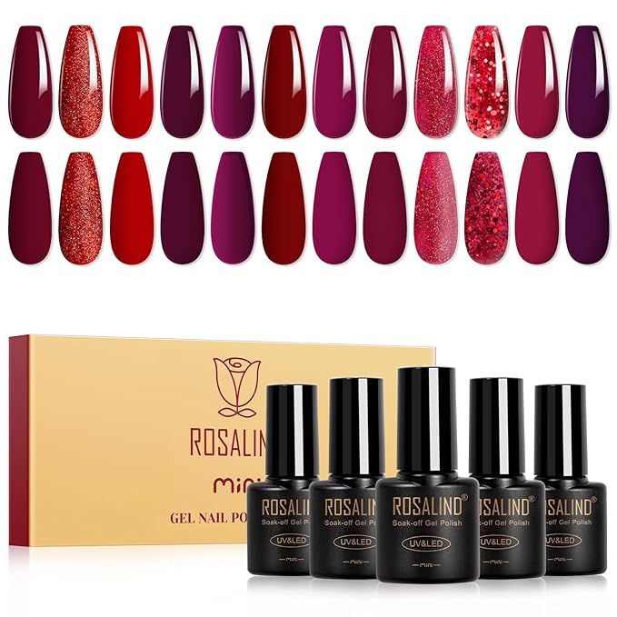 ROSALIND Red Gel Polish, 12 Colors Burgundy Glitter Red Nail Polish for Nail Art, Bloody Mary Collection Cherry Wine Colors Winter U V Gel Nail Polish Gift