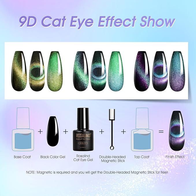 ROSALIND Cat Eye Gel Nail Polish with Magnet, 8 Colors Chameleon Magnetic Gel Polish Soak Off UV Double Magic Cateye Colors Nail Polish Set for Home Salon Manicure