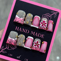 10Pcs Pink French Tip Press on Nails Handmade Short Fake Nails Duck False Nails with 3D Flower Rhinestone Design Full Cover Acrylic Nails Press ons Handmade Flower Glue on Nail for Women (S)