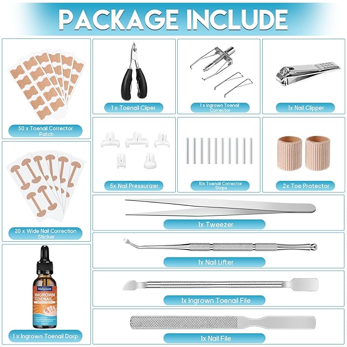 Ingrown Toenail Removal Kit, Professional Ingrown Toenail Tool Kit Includes Ingrown Toenail Corrector Drops, Corrector Patch, Toenail Clipper, Nail File Lifter Pedicure Tools