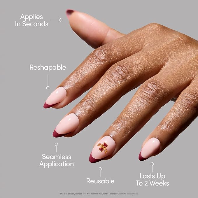 Glamnetic x Fanatics Press On Nails - Iowa State Cyclones | Short Almond Fake Nails, Collegiate Cyclones Red French Tips, College Nails, Salon-Quality | 15 Sizes - 30 Nail Kit with Glue