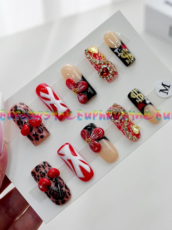 Euphrosyne Y2K Press On Nails – 10pcs Long Coffin Fake Nails with Leopard Print, 3D Cherry, Flowers, Heart Rhinestones & Love Charms | Trendy Stick-On Nails for Women, Cute Nail Art for Party Look