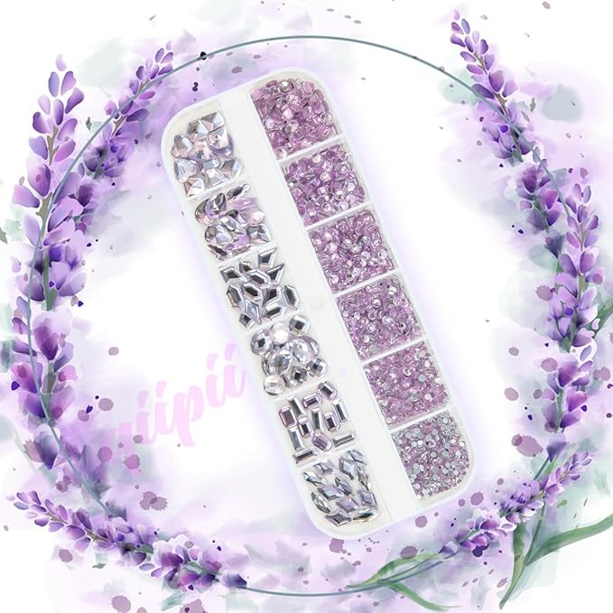 2052Pcs Amethyst Purple Nail Rhinestones Glass Light Purple Rhinestones for Nails 72 Multi Shapes Big Gems +1980 Flatback Round Beads Crystals Diamonds Jewels Nail Art Charms for Faces Makeup