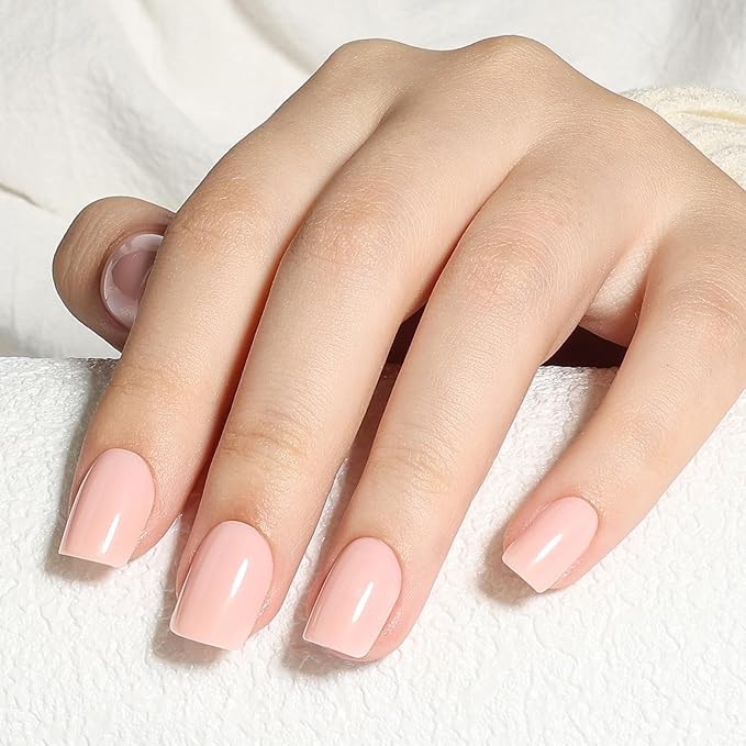 Press on Nails Short - Square Nails Press ons for Women, Reusable Glossy Nude Pink Glue On Nails 30 Pcs 15 Sizes Fake Nails Kit with Glue, Soft Blush